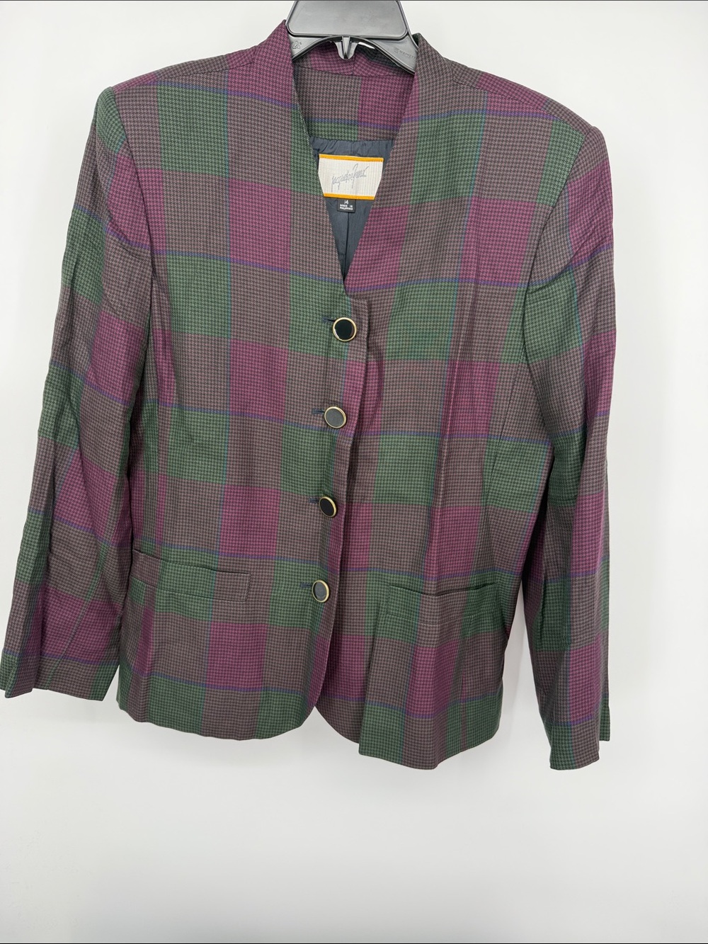 Jacqueline Ferrar
 Green & Purple plaid button up viscose blazer size 14